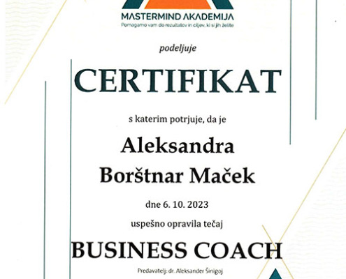 Certifikat - Business Coach - Aleksandra Borstnar Macek