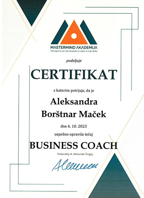 Certifikat - Business Coach - Aleksandra Borstnar Macek
